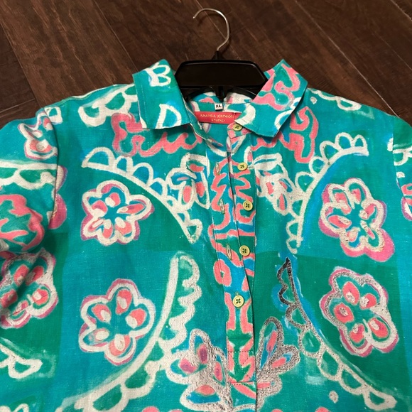 Amanda Johnson Studio Green Floral 100% Linen Shirt Dress $296 - Size XL - Picture 5 of 5